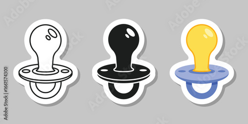Baby pacifier sticker icon set collection in flat style. Nipple for newborn child vector illustration on isolated background. Soother sign business concept.