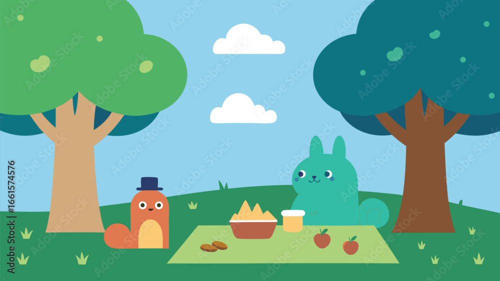 Naklejka premium Cute woodland picnic scene with animals enjoying food under lush trees