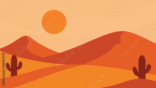 Stylized desert landscape vector illustration with cacti and sand dunes under a setting sun