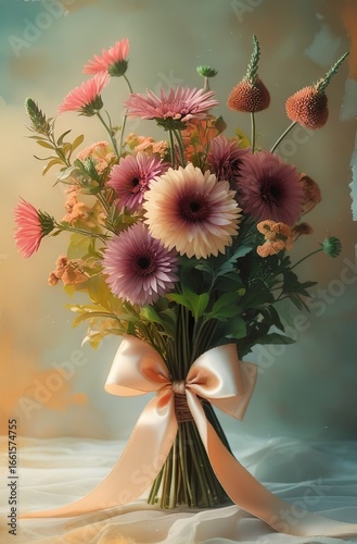 Elegant watercolor-inspired fall bouquet with asters and morning glories, rustic twine tie, warm cinematic glow, soft muted hues, surreal fusion of still life photography and painterly texture