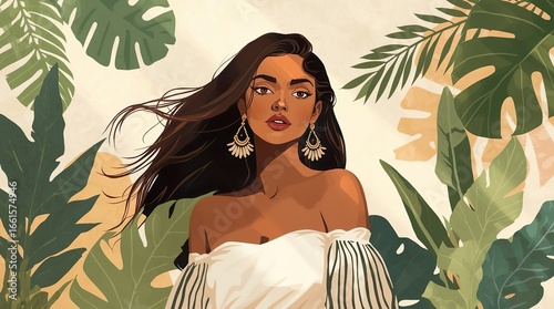 Elegant vector artwork featuring a stylish woman in striped off-shoulder blouse, surrounded by lush green foliage and warm sunlight, minimal design with bohemian aesthetic, textured flat style.