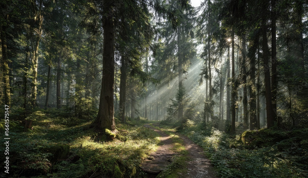 Naklejka premium Sunlight streams through a misty forest path. Lush green trees line a well-worn trail, bathed in golden light