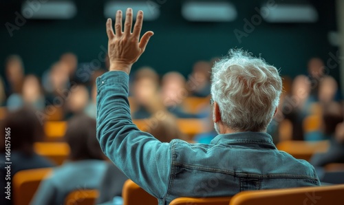 back view of an older student raising their hand to answer the teachers question during an educational training class. The image emphasizes lifelong learning and active participation, Generative AI