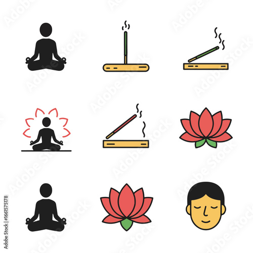 Simple icons depicting meditation, incense burning, and lotus flowers, representing serenity and mindfulness practices.