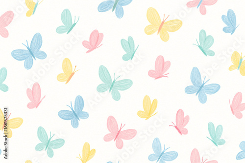 Seamless pastel hand-drawn butterflies pattern on white background
