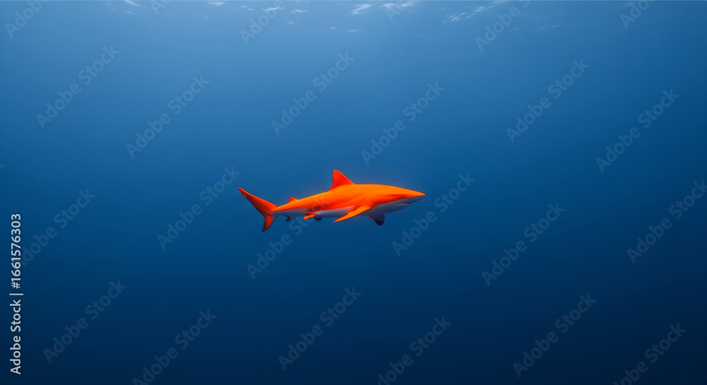 Obraz premium A Bright Red Orange Shark Swimming Alone in the Deep Blue Ocean