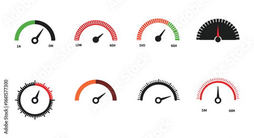 Collection of various gauge meters and dials on a white background