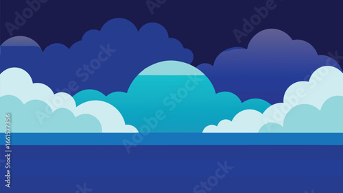 Flat vector cloudscape illustration with fluffy cumulus clouds and horizon line