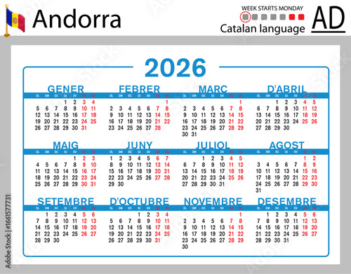 Catalan horizontal Pocket calendars for 2026. Week starts Monday