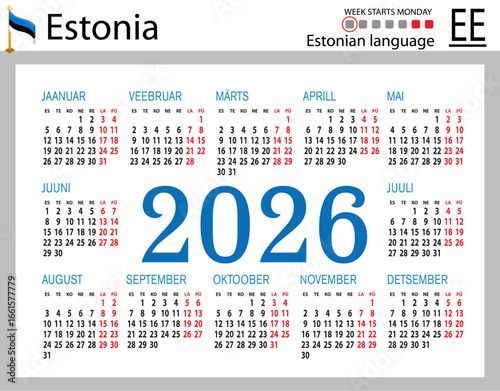 Estonian horizontal Pocket calendars for 2026. Week starts Monda