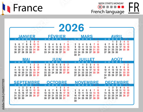 French horizontal Pocket calendars for 2026. Week starts Monday