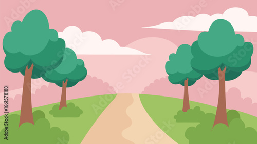 Flat forest path with simple trees and clouds vector illustration peaceful nature scene