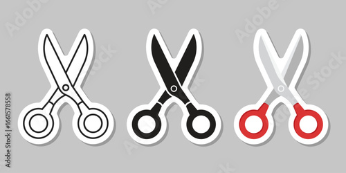 Scissor sticker icon set collection in flat style. Cutting hair equipment vector illustration on isolated background. Hairdressing sign business concept.
