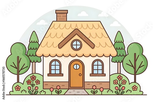 Hand drawn Cartoon Cottage with Thatch Roof and Flowers house home
