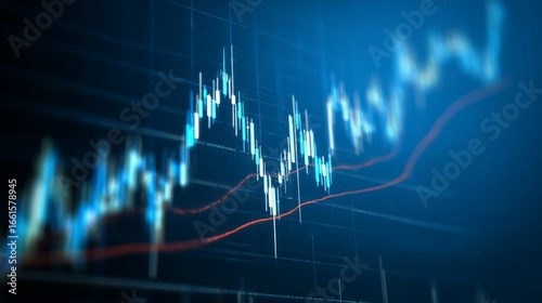 Blue digital candlestick stock market chart showing financial trading data, investment performance, economic trends, and business growth analysis on glowing background