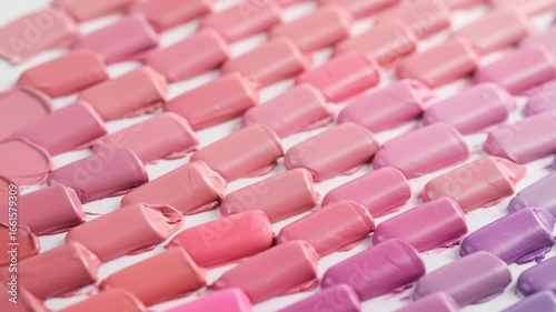 Rows of lipstick swatches in shades of pink and purple on a white background