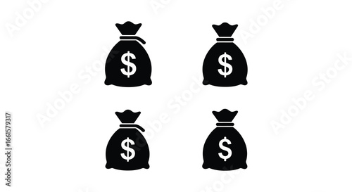 Four black money bags with dollar signs on a white background