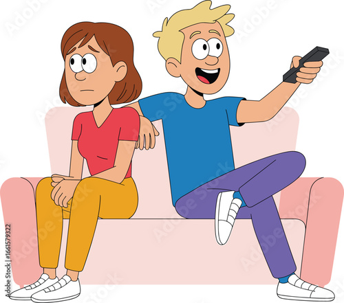 Cartoon couple sitting on pink sofa, man watching TV with remote, woman looking sad worried, vector illustration, isolated on white background
