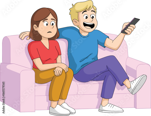 Cartoon couple sitting on pink sofa, man watching TV with remote happily, woman looking upset and bored, funny relationship vector illustration