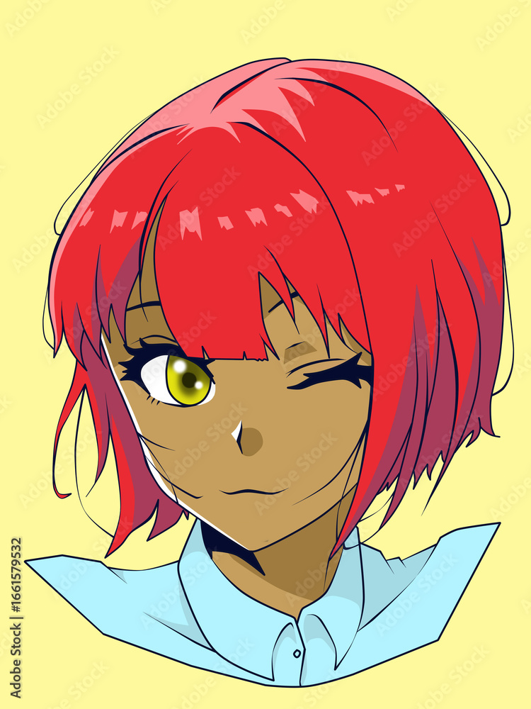 Obraz premium Illustration of cute tan girl with yellow eyes and red hair with anime style for t-shirt design, poster, phone wallpaper, sticker