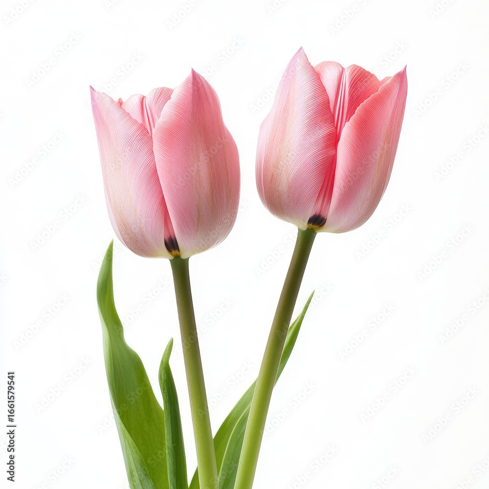 Fototapeta premium Two delicate, light pink tulips against a white background