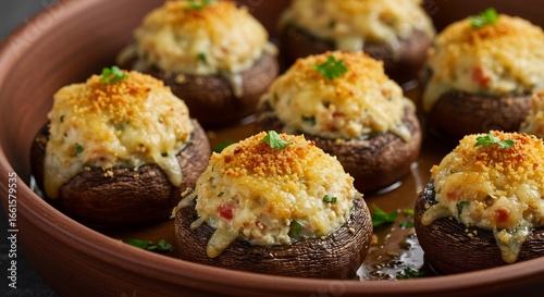 Champignons farcis fromage gratine delicieux lumiere dor�e. AI Generated