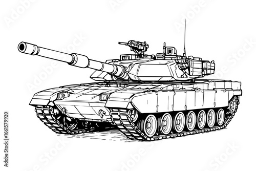 Black and white line art of a modern battle tank with detailed armor and cannon