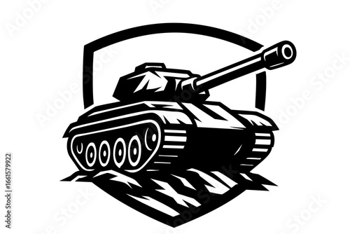 Black and white logo of a tank crossing rugged terrain