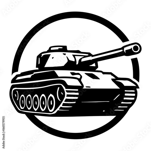Black and white logo of a modern battle tank inside a circular badge