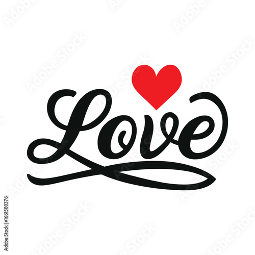 Black script word Love with red heart symbol above vector