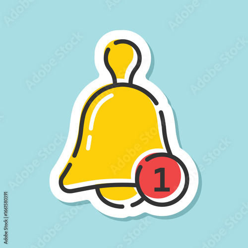 Notification bell sticker icon in flat style. Incoming inbox message vector illustration on isolated background. Ringing bell sign business concept.