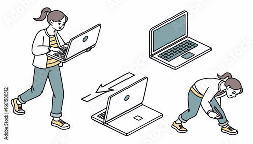 Laptop closing animation elements. Set of digital device shutdown or close steps. Gadget with different screen angles. Design element for creating movement. Cartoon isometric vector collection