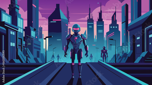 Futuristic robot city skyline with sleek metal structures and advanced architecture