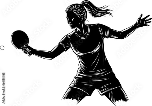  sketched silhouettes Table tennis player, isolated Woman playing ping pong. Sports clipart