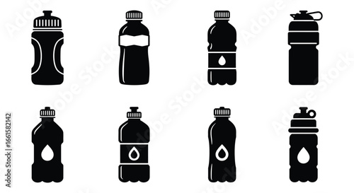 Collection of various water bottle icons in different styles and designs