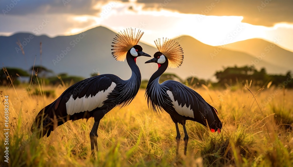 Fototapeta premium Two Grey Crowned Cranes standing face to face at Sunset in natural habitat