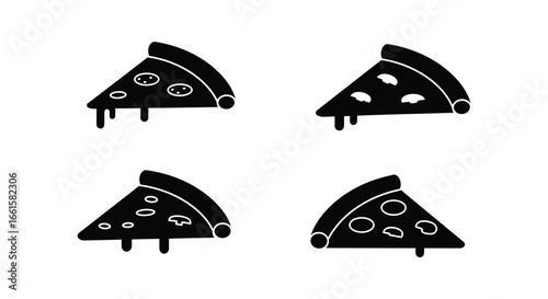 Four black and white pizza slices with various toppings on a clean background