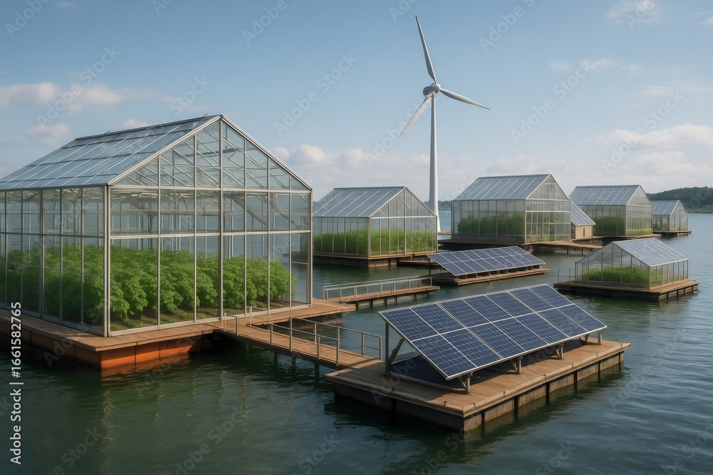 Obraz premium Floating greenhouses growing crops sustainably, powered by solar panels and a wind turbine, representing innovative agriculture and clean energy