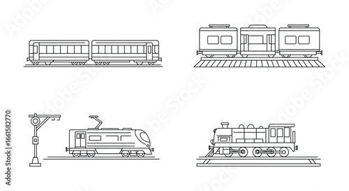 Train cars and locomotive in various views on railroad tracks