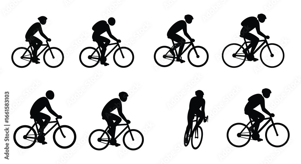 Obraz premium A series of cyclist riding bicycle in different positions on white background
