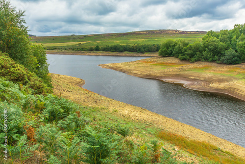 Leighton Reservoir in Nidderdale, North Yorkshire in August 2025 when water levels were exceptionally low and a hosepipe ban introduced.  Horizontal.  Copy Space