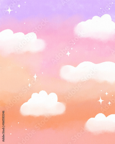 Watercolor Pink Sunset Sky Background with Clouds and Stars