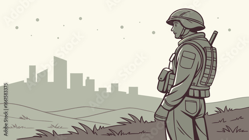 Illustration of a soldier standing guard with a city skyline in the distance on a cloudy and dusty day