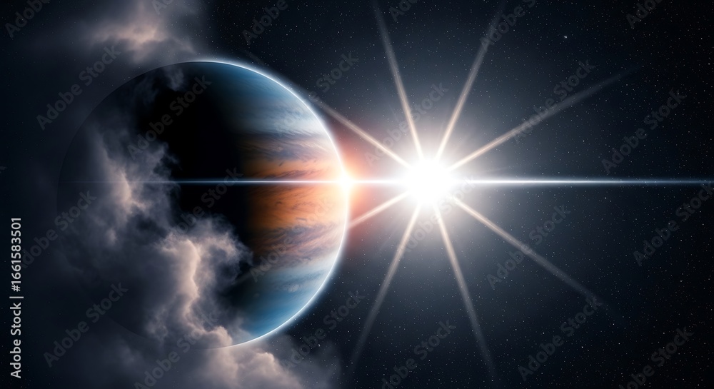 Fototapeta premium Cosmic Sunrise: A Planet's Dawn Illuminated by a Stellar Flare