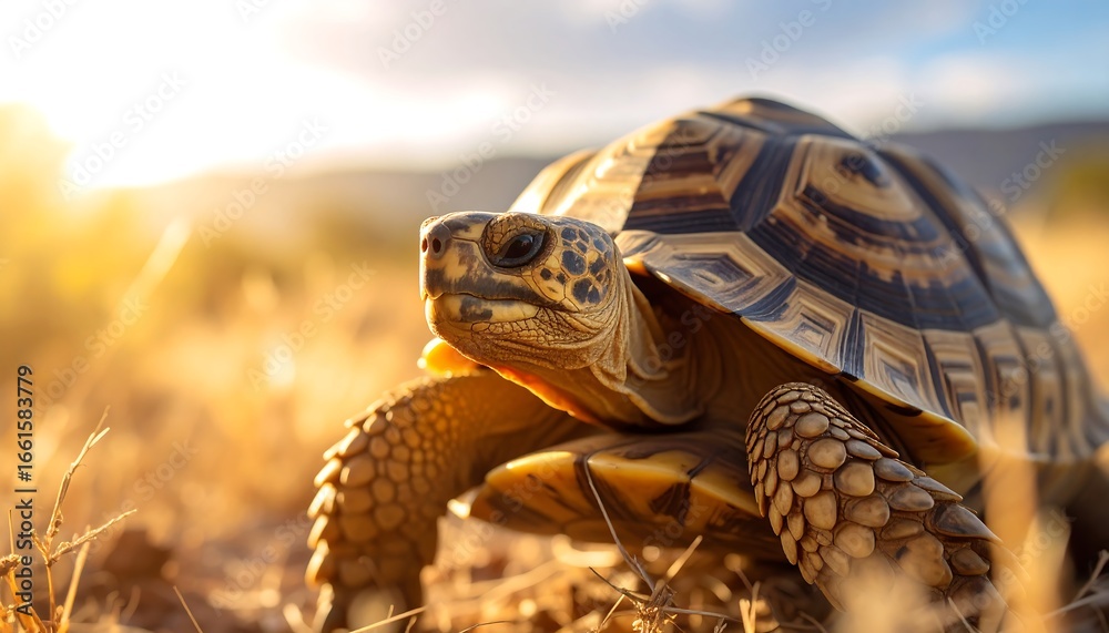 Fototapeta premium Tortoise basking in the golden light embodying calmness and longevity in its natural habitat