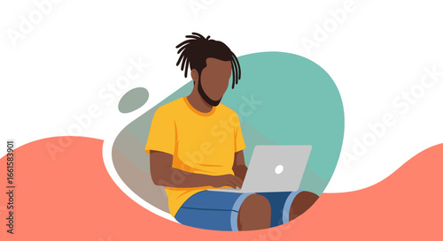 An illustrated Black man with dreadlocks working on a laptop, embodying remote work and a modern digital lifestyle for business or education.