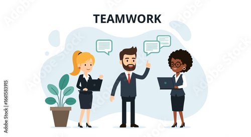 Diverse business team collaborates and communicates effectively, fostering strong teamwork and professional success. Ideal for concepts of partnership, strategy, and office productivity.