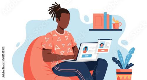 Illustration of a person working remotely on a laptop from a comfortable home setting, emphasizing flexible lifestyle, online communication, and digital learning.
