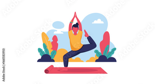 Person practicing a balanced yoga pose on a mat in a serene, natural setting. Represents wellness, mindfulness, and a healthy lifestyle.