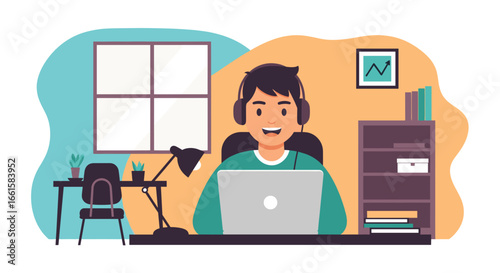 Happy young person working remotely on laptop at home office, wearing headphones. Represents online learning, remote work, or tech-savvy lifestyle.